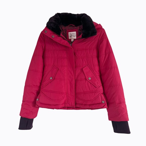 Red Quilted Puffer Jacket Sz S Black Fur Trim Floral Outdoor Winter Gorp Utility - Picture 14 of 14